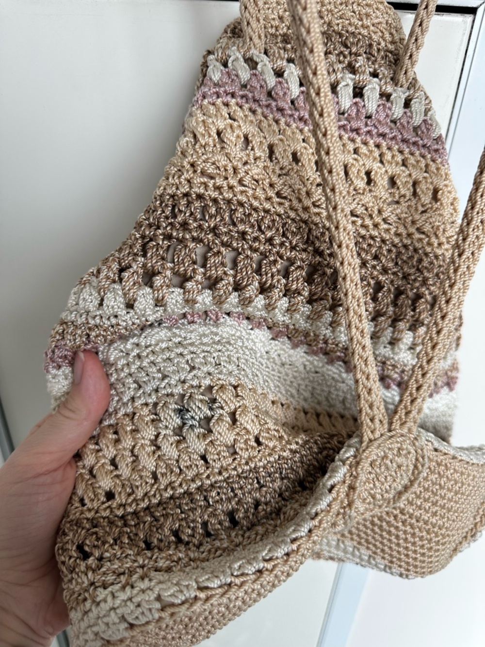 The Sak | Boho Janet Crochet Drawstring Shoulder Bag Neutral Stripes | AS IS - Picture 9 of 16
